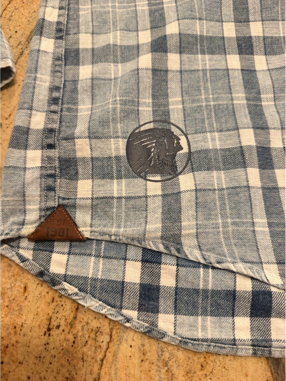 Indian Motorcycle Flannel Shirt Mens Large Pearl Snap Lightweight Blue Plaid - Picture 4 of 11